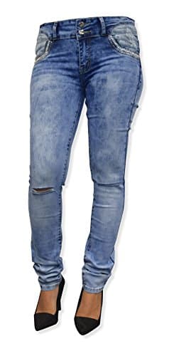 Kirkwood Of Scotland Womens Ripped Knee Cut Jeans Faded Slim FIT Ladies Skinny Denim Sizes 6 to 20 (UK 14, Knee Cut Lace Diamante Pockets (yg05))