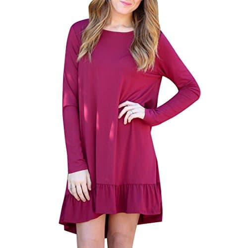 AEROBIC Womens Long Sleeves Casual Ruffle Hem Loose Tunic Blouse T-shirt Dresses Burgundy Medium