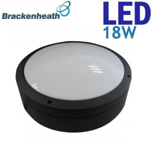 Brackenheath 18w Black Circular Modern Indoor High Quality Die-Dast Body LED Outdoor Indoor Ceiling or Wall 6000K IP65 Low Energy Saving Bathroom Corridor White Frosted Lens Round Robust Bulkhead Welcome Hallway Light - Supplied With Integrated Daylight White LED Fitting