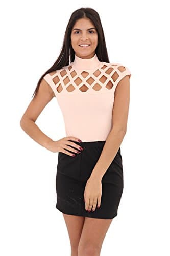 Ladies Womens Sleeveless Laser Cut Out Turtle Neck Bodysuit Top Leotard 8-14 (S/M UK 8-10, Nude)