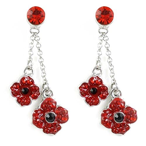 Remembrance Poppy - Charity Donation Gift - Remembrance Double Drop & Front Stud Earrings Combat Stress In Jewellery Box