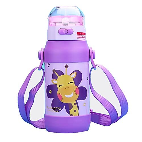 FUGUANG Vacuum Insulated Stainless Steel Vacuum Flask, Children Drink Flask With Carry Strap,Lovely Water Bottle for Kids, 14.2 OZ Light Purple