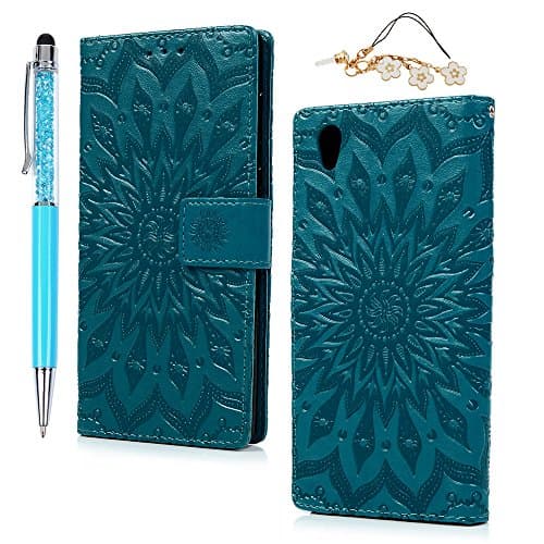Sony Xperia L1 Leather Case, Premium Folio Leather Wallet Case Flip Notebook Cover Case with [Lifetime Warranty] [Card Slots] [Magnetic Closure] [Embossed Sunflower] for Sony Xperia L1 - Blue