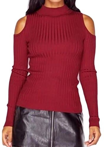 JXG Women's Sexy Cold Shoulder Turtleneck Warm Long Sleeve Pullover Knit Sweater Wine Red US S