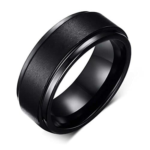 LAMUCH Men's 8MM Wide Simple Black Pure Tungsten Steel Ring Size7