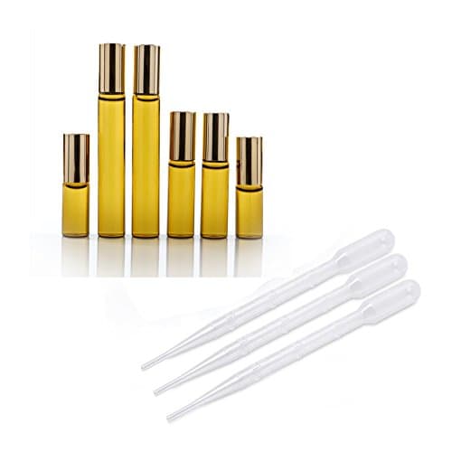 Gloriest Amber Glass Roll on Essential Oil Empty Perfume Bottle w/ Stainless Steel Roller Ball Pack of One Set 3ml/5ml/10ml 3 Size Each Two with 3ml/5ml/10ml Plastic Dropper Each One