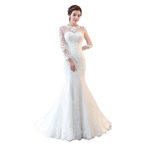 Senza Fretta Long Sleeve Mermaid Bride Wedding Dress Lace V-Neck Fishtail Wedding Dress Gown