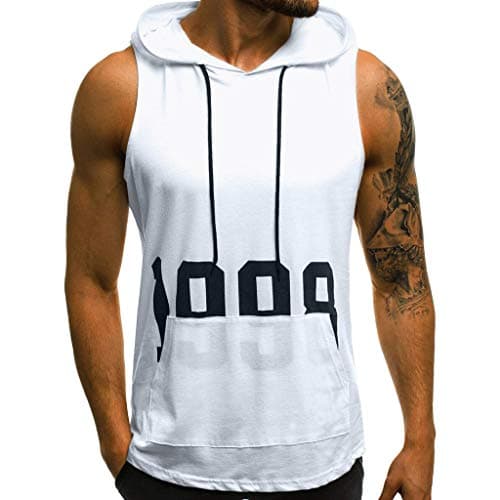 Shirts Hoodies Men Fitness Muscle Print Sleeveless Hooded Bodybuilding Pocket Tight-Drying Tops
