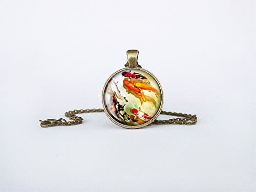 Koi Fish Necklace Handmade Japanese Art Pendant Asian Jewelry Birthday Gift Round Glass Carp Pendant cb151