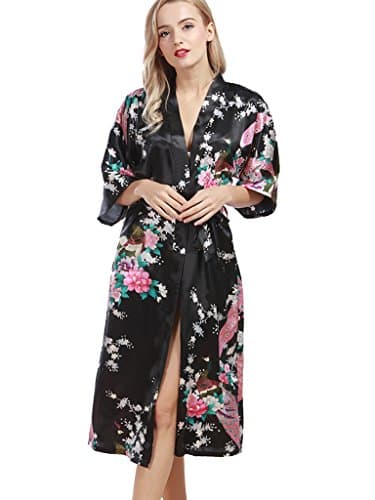 Women's Summer Satin Robe Long Peacock Kimono with Sleeve S Black