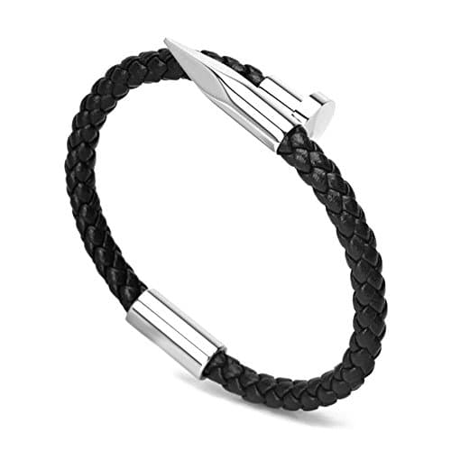 LOLOJ Braided Leather Bracelet Stainless Steel Nail Charm Love Cuff Wristband Bangle Silver, 7"