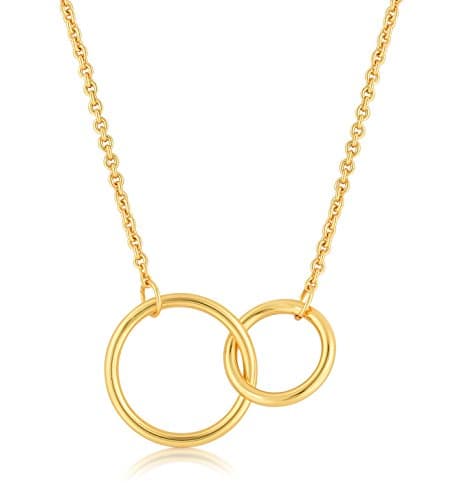 Double Circle Necklace, Interlocking Circle Necklace, 2 Circles, 24K Gold Plated, 16" + 2"