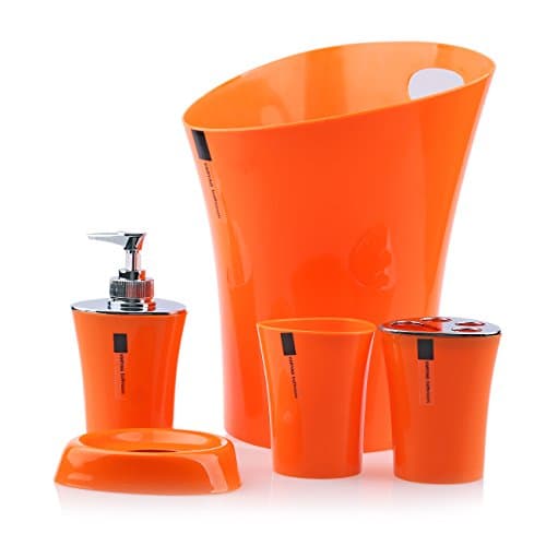 5 Piece Plastic Bathroom Accessory Set Soap Dish,soap Dispenser,toothbrush Holder,tumbler and Waste Bin (Orange)