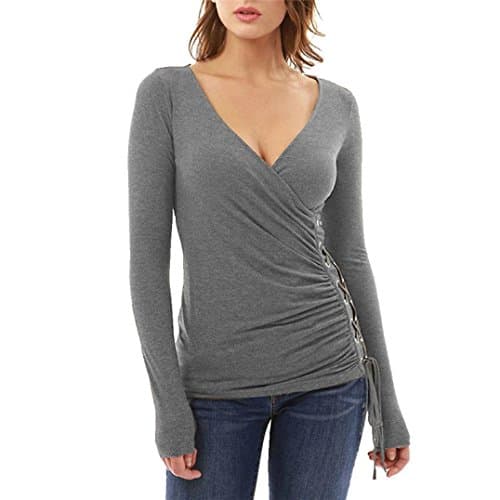 Women blouse, YISAI Women's Sexy Slim V Neck T-Shirt Ladies Long Sleeve Fashion Casual Straps Tops Shirt Blouse Tee (L, Gray)