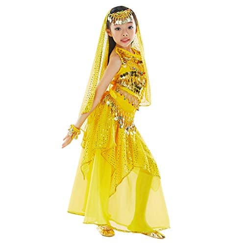 Girls Belly Dance Indian Costume with Vest Dress Hip Scarf Head Veil Kid Skirt