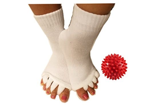 Toe Separator Yoga Gym Sports Massage Socks for Foot Alignment, Great for Sore Feet and Diabetics by TRiiM Fitness with FREE Exercise guide! (Ball + White)