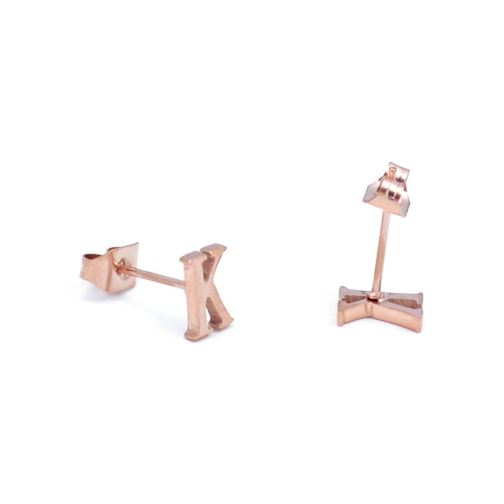 14K Rose Gold Plated Titanium Steel Initial Letter K Earring Studs