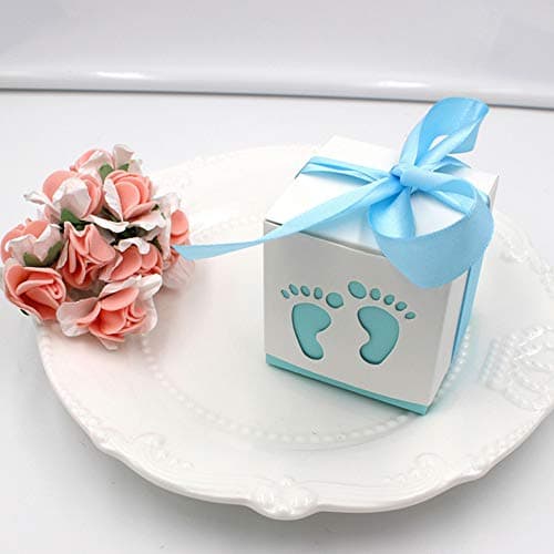 Baby Shower Boxes,50PCS Cute Candy Boxes,Laser Gift Boxes with 50PCS Ribbon for Wedding Birthday Baby Shower Christmas Party Favor(Baby Feet Shape Blue)
