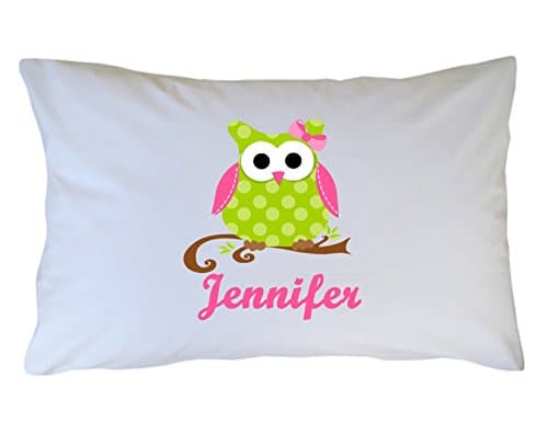 Personalized Pink and Green Owl Pillowcase for Girls, Boys, Kids or Adults. Custom Owl Pillow Case by One Whimsy Chick - Handmade - Great for Birthday Present - Holiday or Christmas Gift - Party Favor