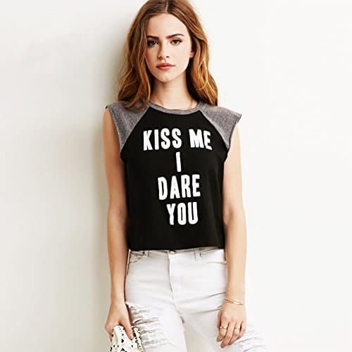 Celewe Girl's "Kiss Me I Dare You" Print Sleeveless T-Shirt Crop Tank Top Black