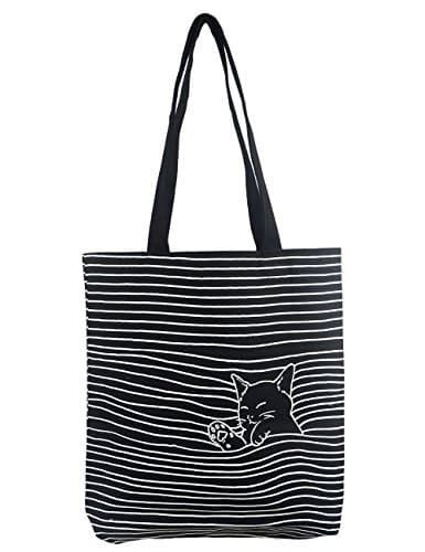 POPUCT Women's Cute Cat Canvas Tote Shopping Bag(Black-1)