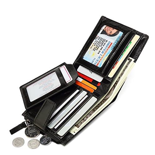 Mens Genuine Leather Wallet Removable Credit Card Holder with Zipper Pocket