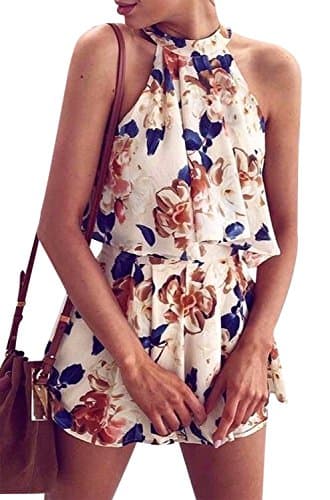 Floral Short Rompers Summer 2 Pieces Outfits Halter Crop Top Shorts Print Jumpsuits Rompers Playsuits (XL)