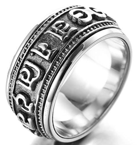 DDOLAA 10mm Stainles Steel Tibetan Buddha Six True Syllable Mantra "Om Mani Padme Hum" Spins Ring For Men's Rings Jewelry