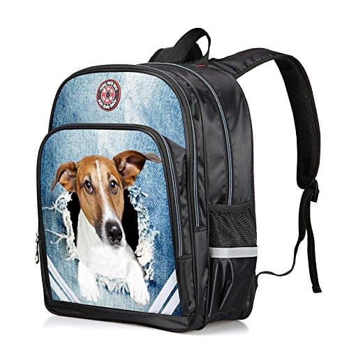 HANRUI Cool Kids School Bag Shoulder Bookbag Water Repellent Dog Cat Printing Backpack for Boys Girls (Tuba, Blue-dog)