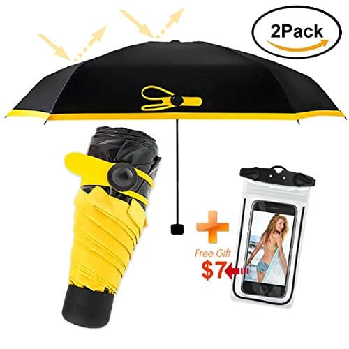 DaKoza Ultra Mini Umbrella UV Protection 97% for Men and Women, Travel Mini Umbrella Ultra Light for Rain &amp; Sun, Black Yellow Mixed Color, Bonus Phone Waterproof Pouch By