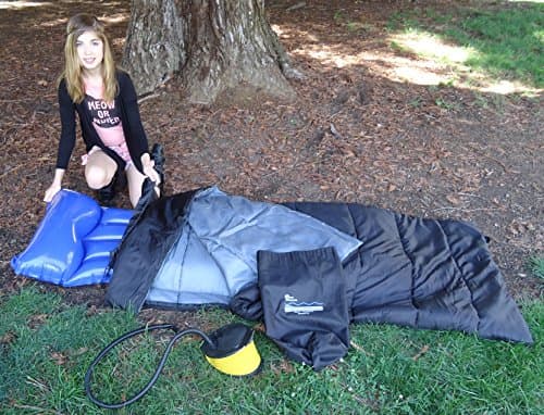 Keen Enterprises "Sports" Dual Purpose Air Mattress Sleeping Bag for Camping and Sleepovers it's Water resistant, and Durable. Fits Rubber Pads. Includes: Bellows Foot Pump and Air mattress (Youtube)