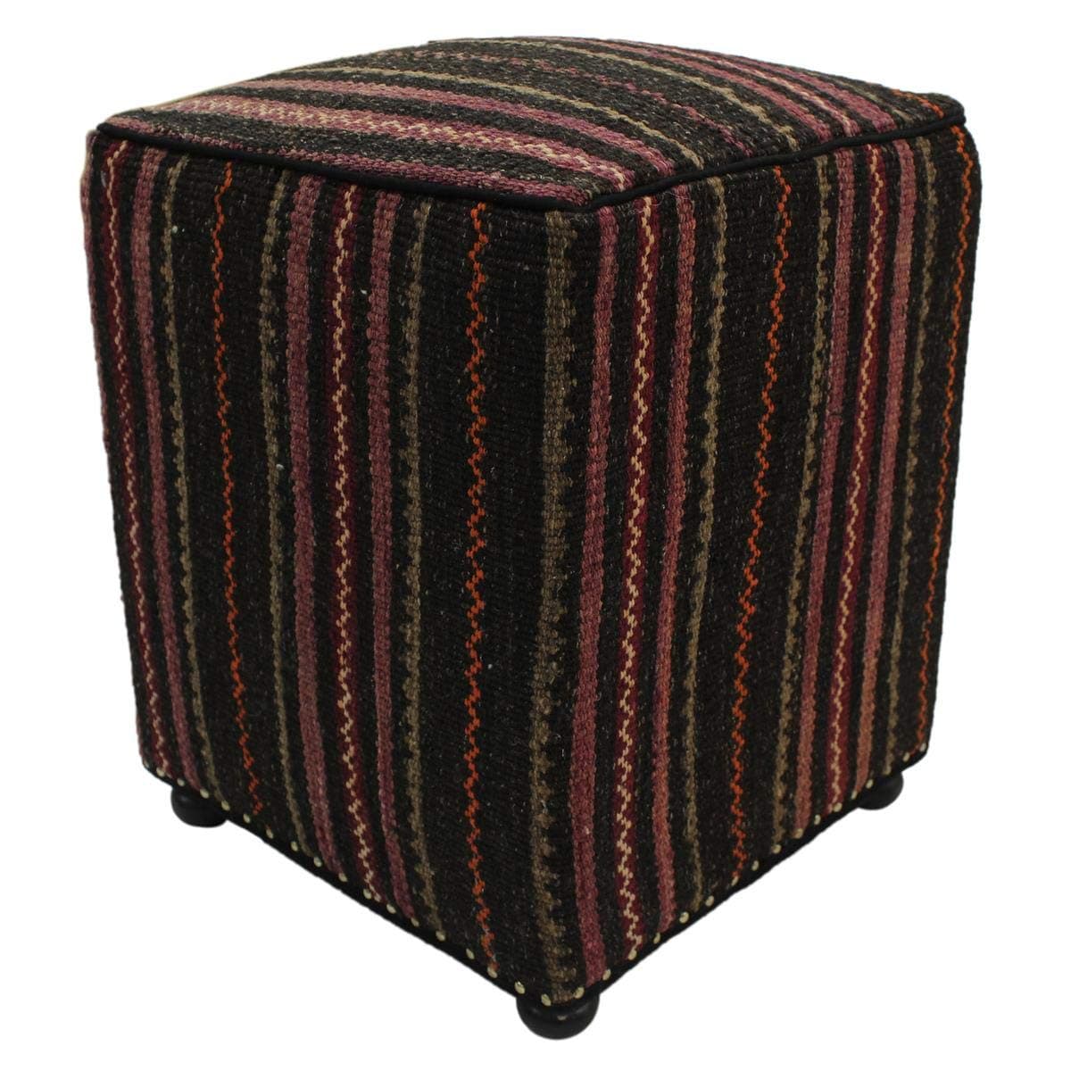 Arshs Fine Rugs Horvath Brown/Purple Handmade Kilim Upholstered Ottoman 16"x16"x20"