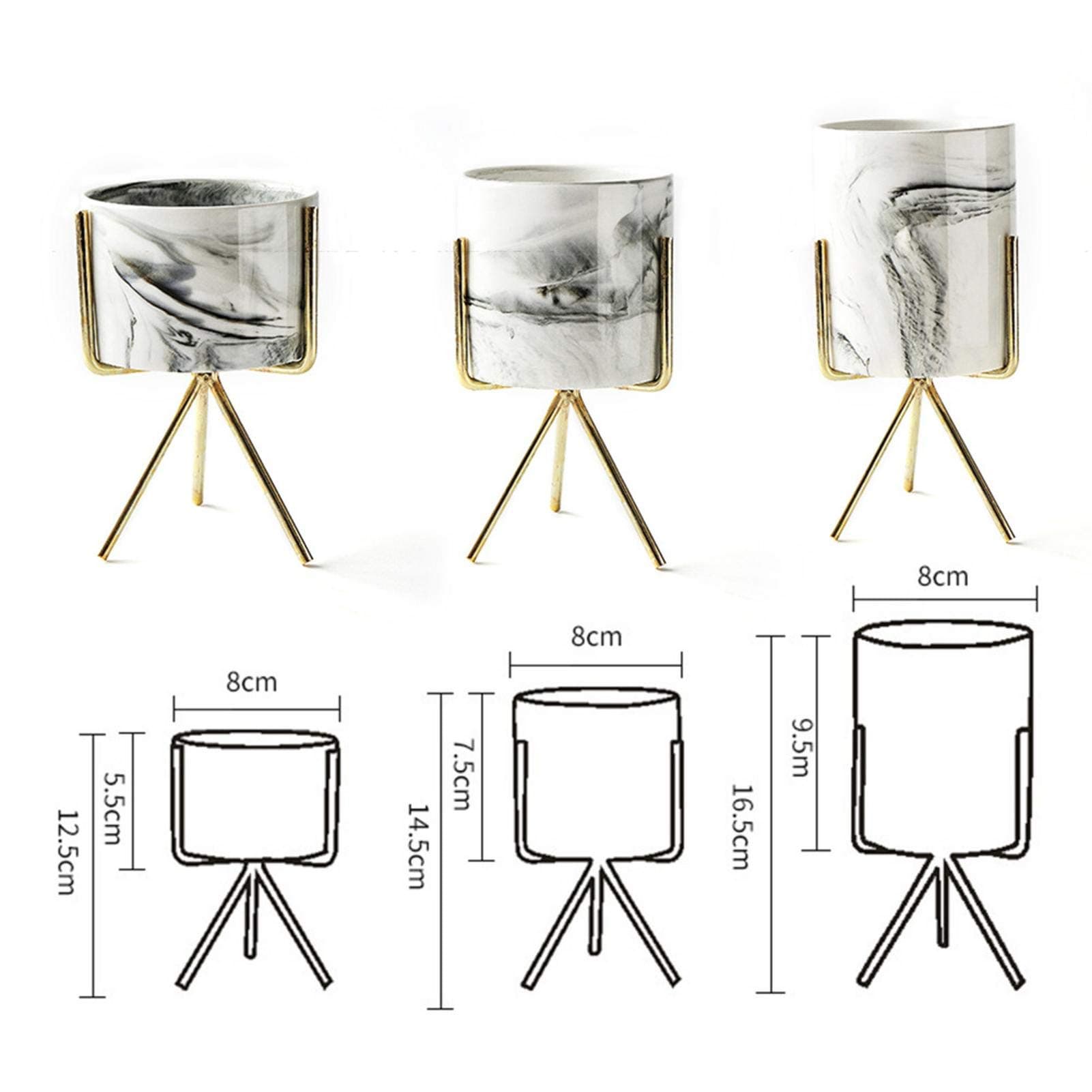 Topaty Ceramic Flower Pot Iron Shelf Marble Stone Succulent Plant Pot Cactus Pots Concrete Planters Modern Home Decor for Garden Decor (Gold , S , M ,L) (S : 3.152.16/4.92 inch)