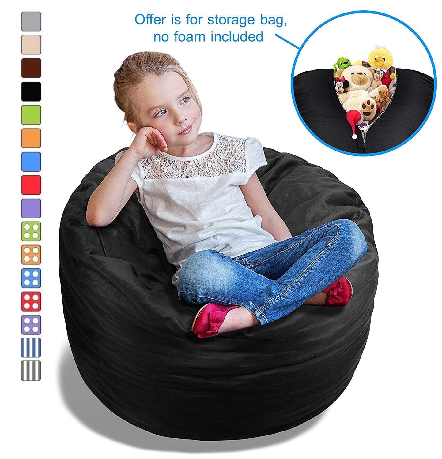 BeanBob Stuffed Animal Bean Bag - Kids Stuffed Animal Storage Bag Chair - Pouf Ottoman for Toy Storage 2.5ft, Black