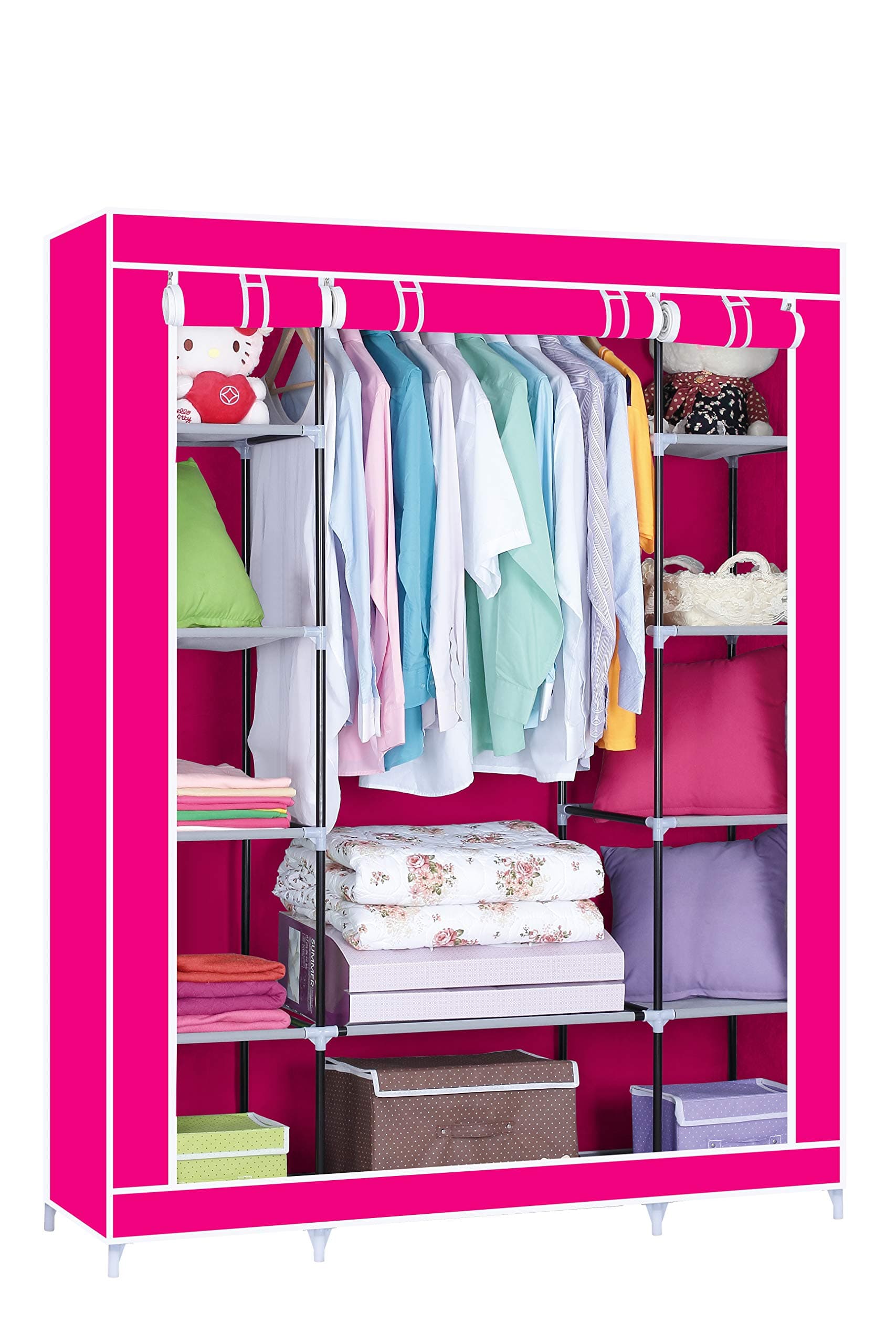TRIPLE CANVAS WARDROBE CLOTHES RACK SHELVES HANGING RAIL STORAGE CUPBOARD-BLACK (Red)