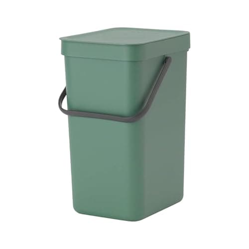 Brabantia Sort & Go Waste Bin 12L (Fir Green), Space-Efficient Plastic Recycle Container with Handle, Removable and Stay-Open Lid, Easy to Clean Kitchen Bin without Nooks and Rims