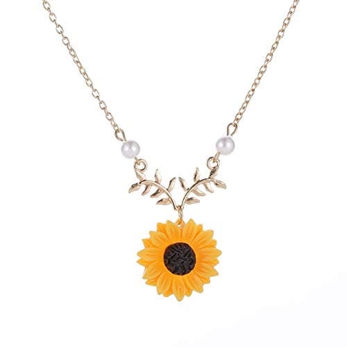 Sunflower Necklace for Women Long Pearl Choker Necklace Resin Boho Handmade Pendant Choker Necklace Gold for Teens Girls
