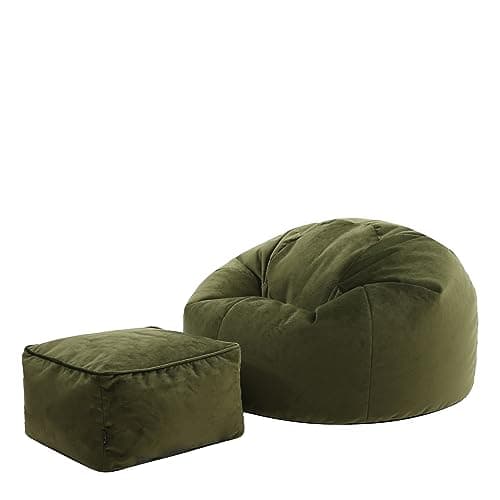 icon Kingston Velvet Bean Bag with Footstool, Olive Green, Large Adult Bean Bag Chair with Filling Included, Accent Chair, Pouffe Footstool, Living Room, Living Room Furniture, Bedroom Furniture