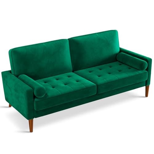 Vesgantti Green Velvet Sofa, Mid Century Modern 3 Seater Couches w/Square Armrest, Button Tufted Seat Cushion, 2 Pillows, Comfy Small Sofas for Living Room, Bedroom, Apartment, Home Office