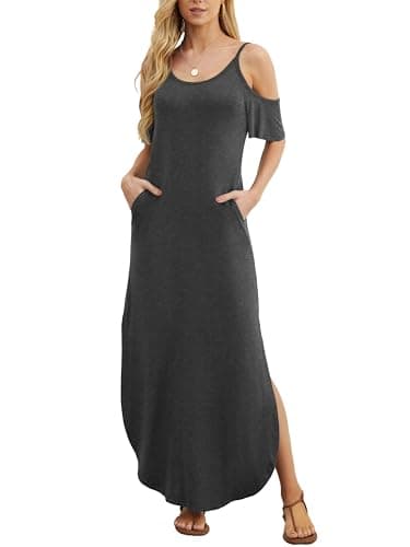 GRECERELLE Women Summer Maxi Dresses Casual Loose Strapless Strap Cold Shoulder Short Sleeve Split Long Dress with Pocket