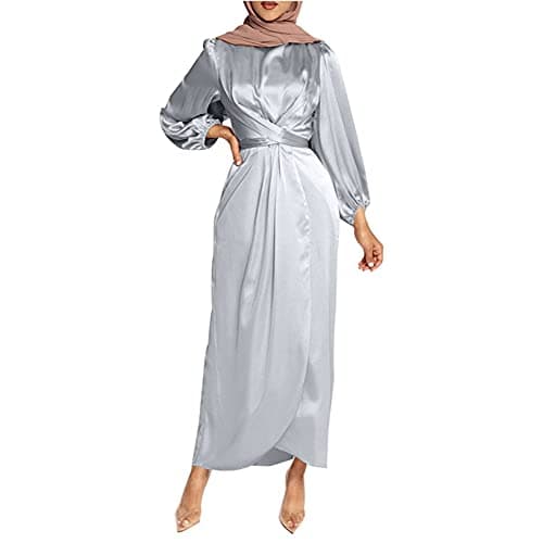 StarDY Women's Plain Satin Abaya Dress Round Collar Balloon Sleeve Wrap Waist Slit Maxi Dress Middle Eastern Muslim Gown