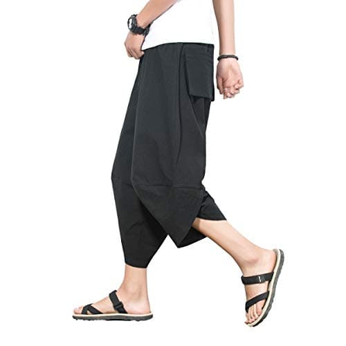 PRIJOUHE Men's Harem Capri Pants, Wide Leg Mens Capris, Summer Linen Pants