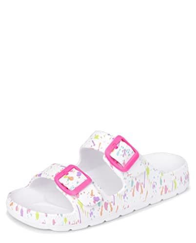The Children's Place Girls Double Buckle Slip On Slide Sandals, White Paint Splatter