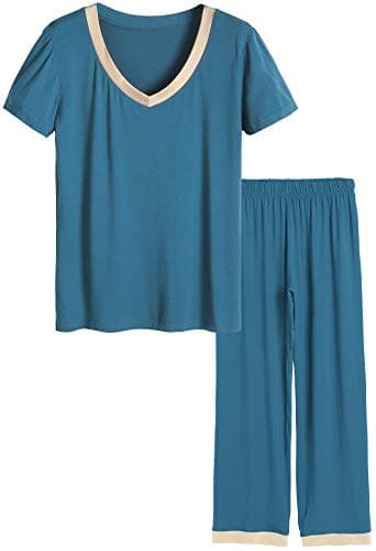 Women's V-neck Sleepwear Short Sleeves Top with Pants Pajama Set