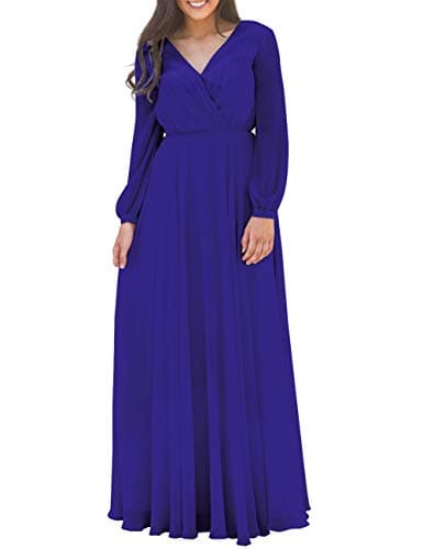 Prom Dress Long Chiffon Evening Maxi Gown Long Sleeves Bridesmaid Dresses Royal Blue