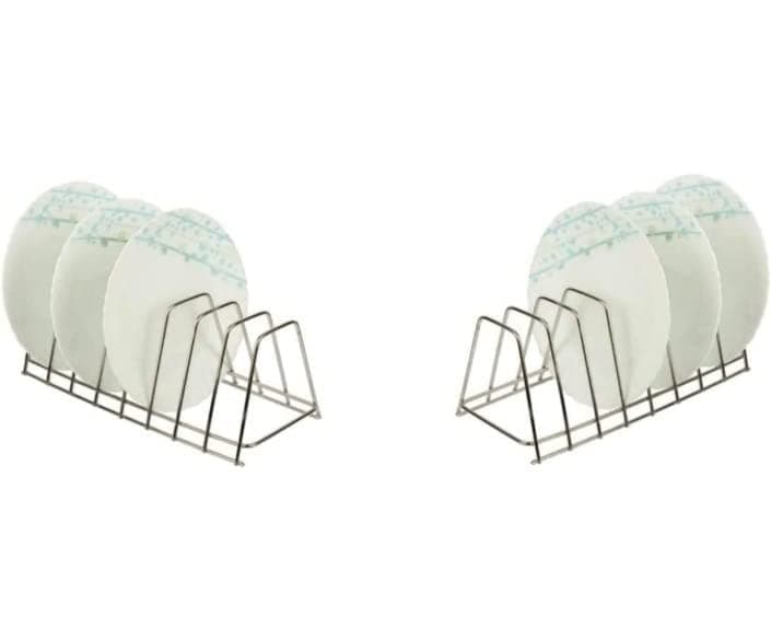 AB99 COLLECTION Stainless Steel Square Plate Rack for Kitchen | Dish Rack | Thali Stand for Kitchen | Dish Stand | 6 Plate Stand for Kitchen Cabinet | Dining Table Plate Stand (Silver) (2 Pc)