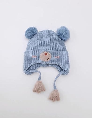 Ziory 1 Pc pom pom Bear Knitted Cap for Baby Boys and Baby Girls-Blue (6-12months)