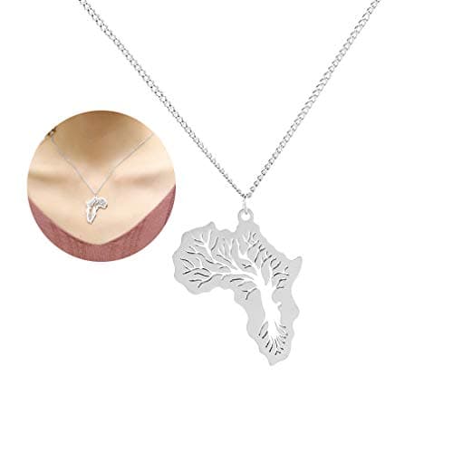 JUESJ Fashion Africa Map Life Tree Pendant Necklace For Women Men Accessories Personalized Necklace For Men Jewelry Map Jewelry (Silver)
