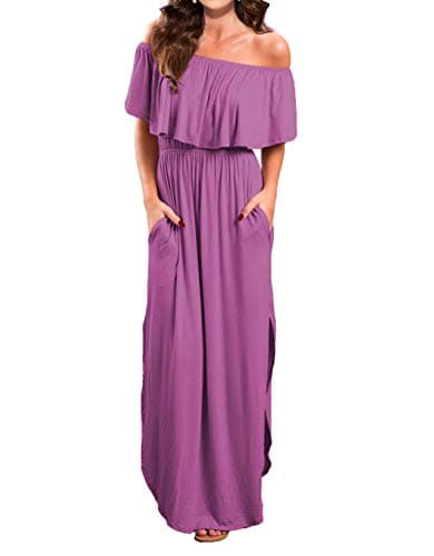 Women’s Off Shoulder Summer Casual Long Ruffle Beach Maxi Dress with Pockets