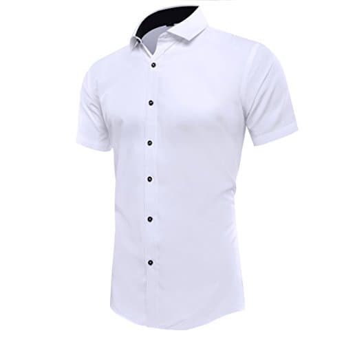 Musen Men Dress Shirt Short Sleeve Slim Fit Solid White Bussiness Shirts 42